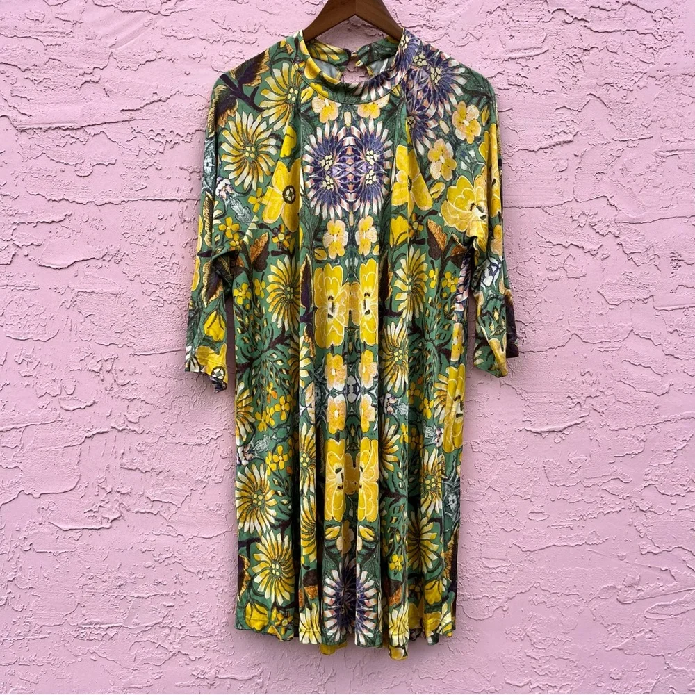 Free People Rayon Tortoise Floral Paisley Baroque Print Swing Dress Womens XL